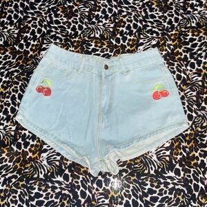 SHEIN Cherry Embroidered Denim Shorts